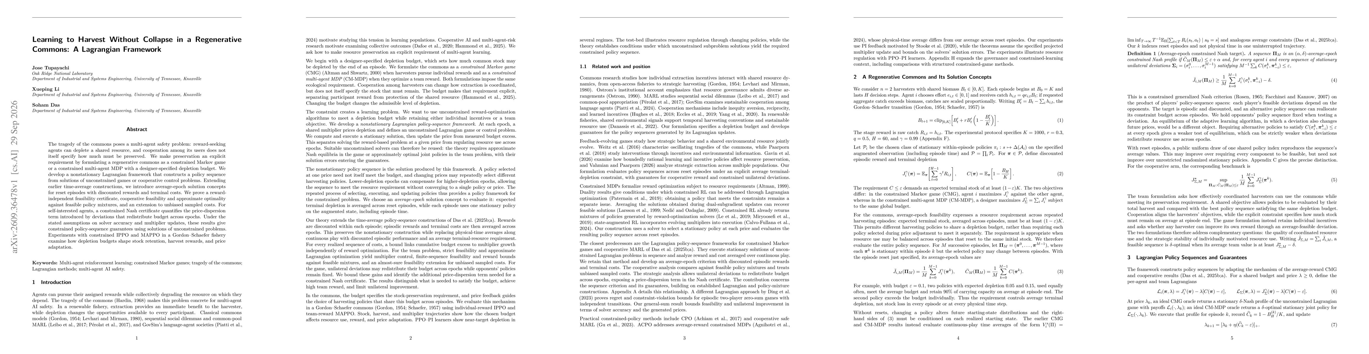 Thumbnail for Learning to Harvest Without Collapse in a Regenerative Commons: A Lagrangian Framework