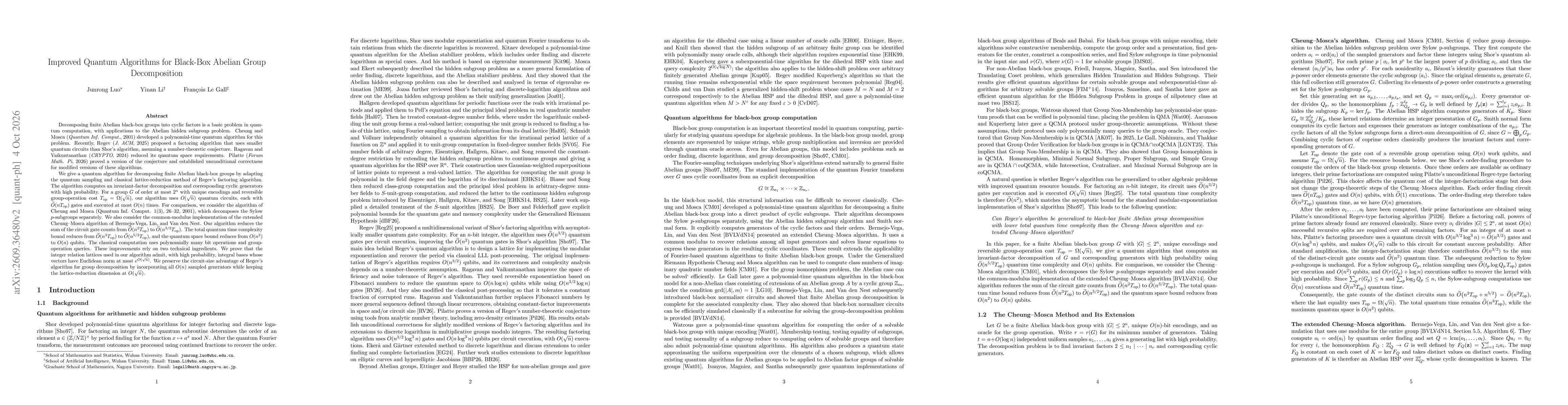 Thumbnail for Improved Quantum Algorithms for Black-Box Abelian Group Decomposition