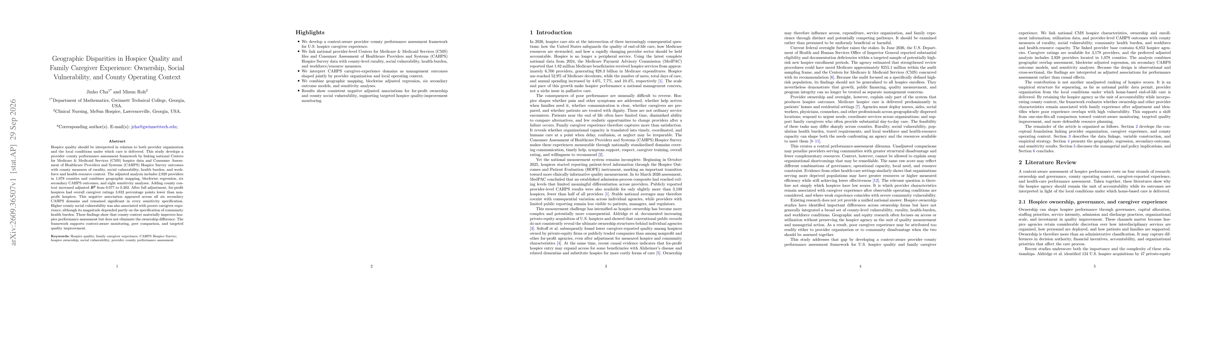 Thumbnail for Geographic Disparities in Hospice Quality and Family Caregiver Experience: The Roles of Ownership, Social Vulnerability, and Workforce Capacity