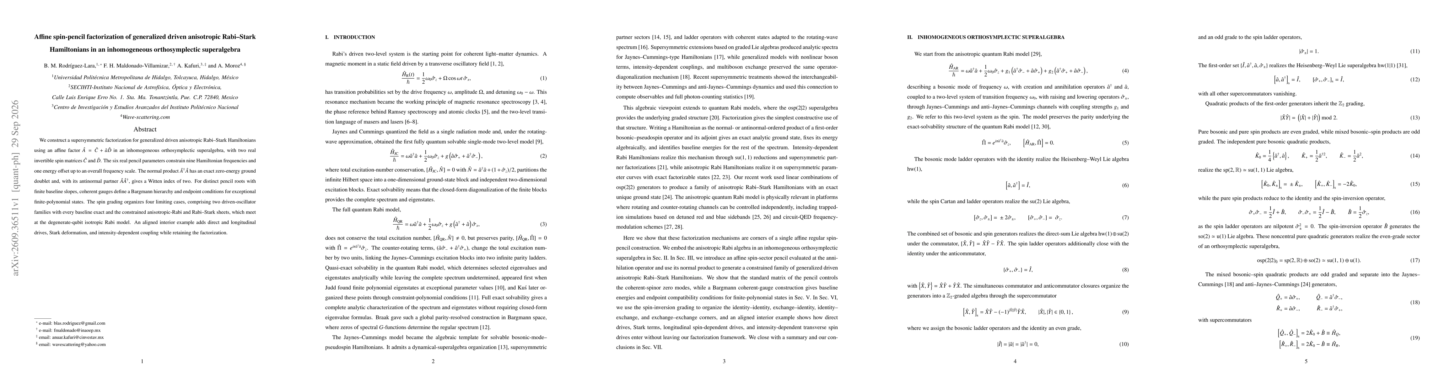 Thumbnail for Affine spin-pencil factorization of generalized driven anisotropic Rabi--Stark Hamiltonians in an inhomogeneous orthosymplectic superalgebra