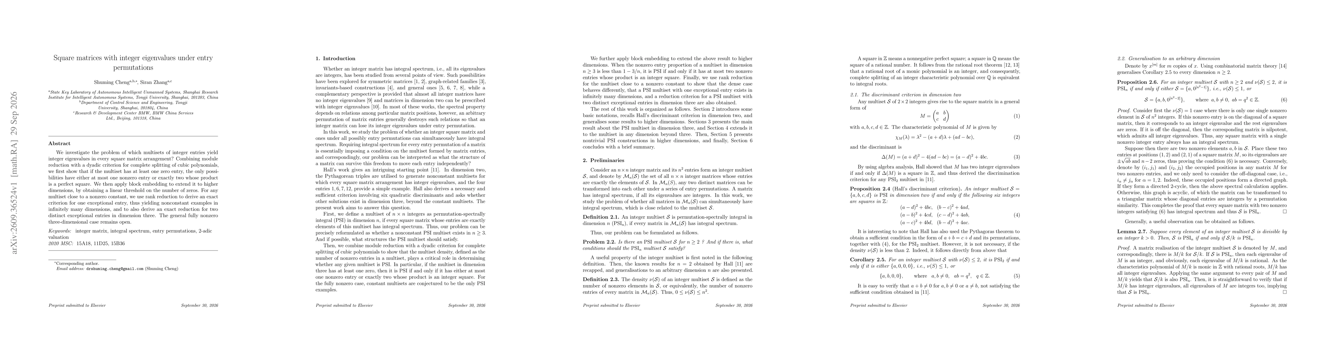 Thumbnail for Square matrices with integer eigenvalues under entry permutations