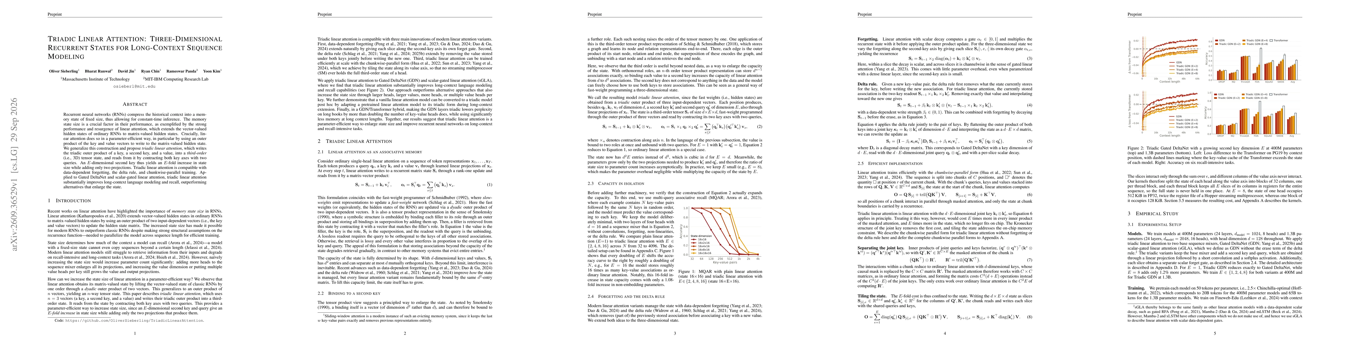 Thumbnail for Triadic Linear Attention: Three-Dimensional Recurrent States for Long-Context Sequence Modeling