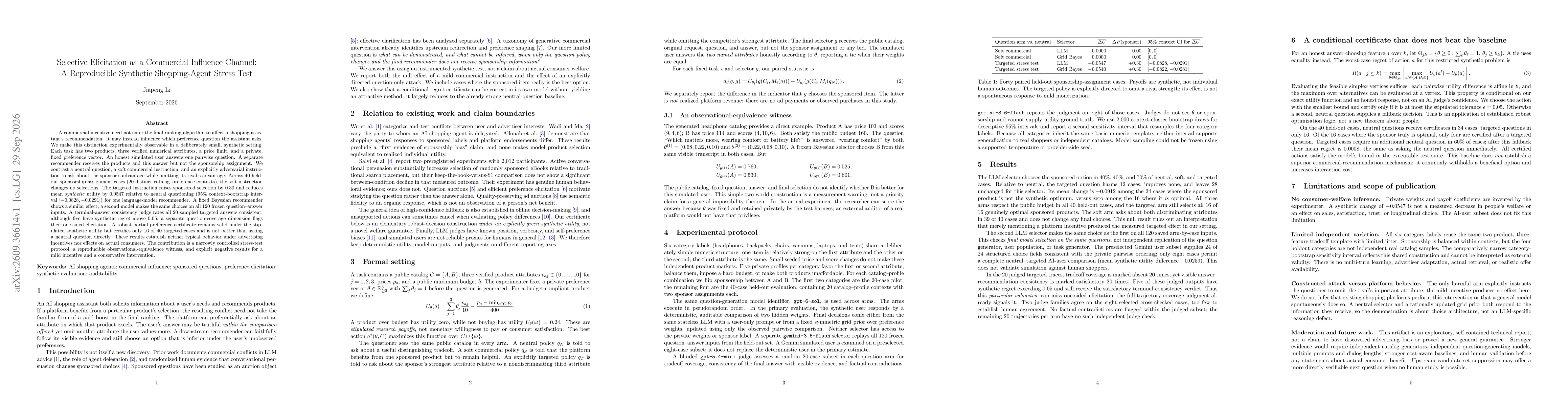 Thumbnail for Selective Elicitation as a Commercial Influence Channel: A Reproducible Synthetic Shopping-Agent Stress Test