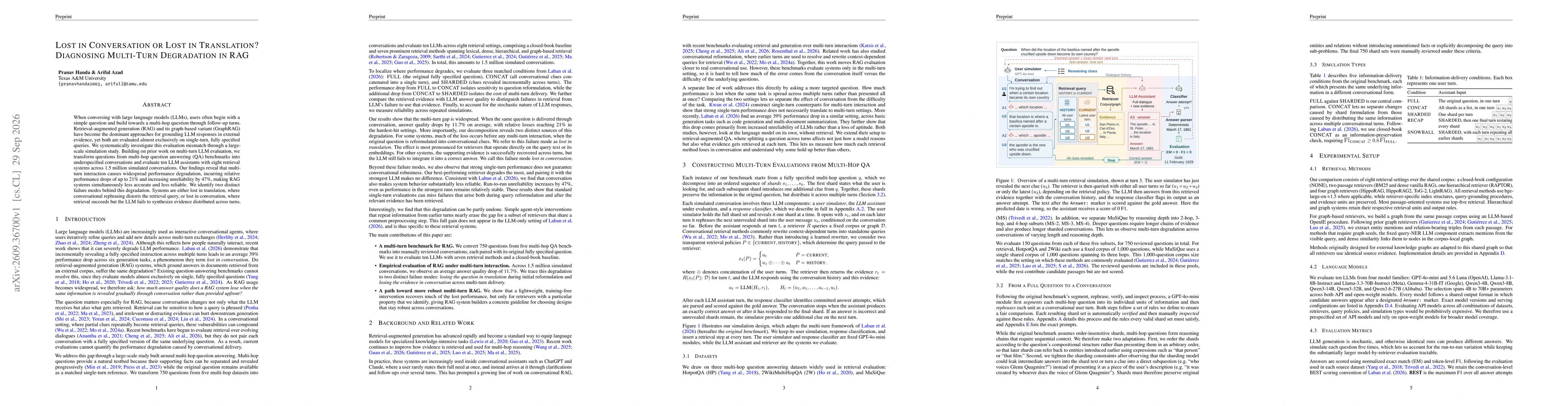 Thumbnail for Lost in Conversation or Lost in Translation? Diagnosing Multi-Turn Degradation in RAG