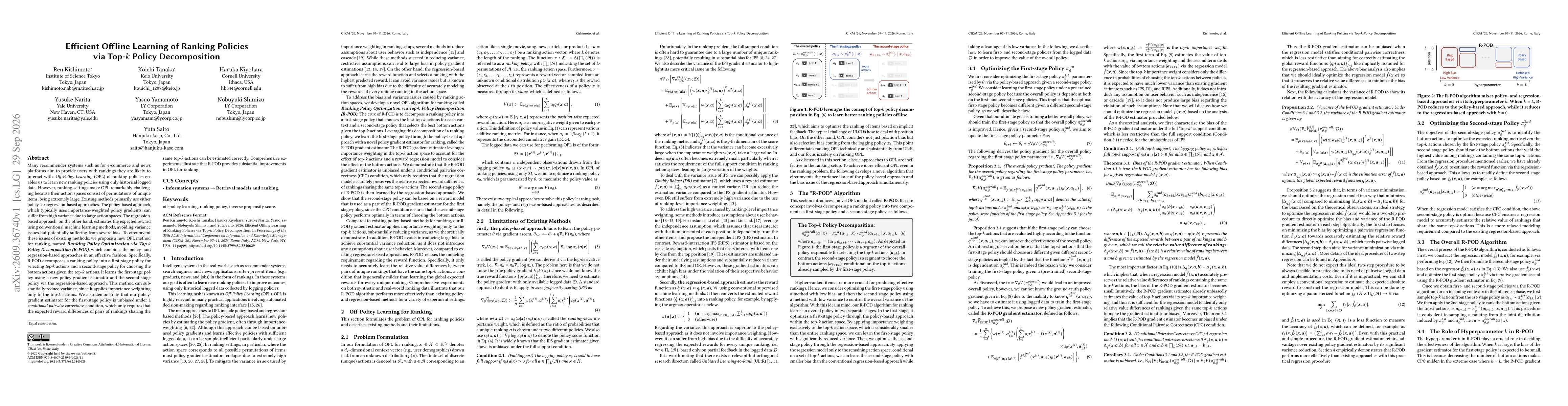 Thumbnail for Efficient Offline Learning of Ranking Policies via Top-$k$ Policy Decomposition