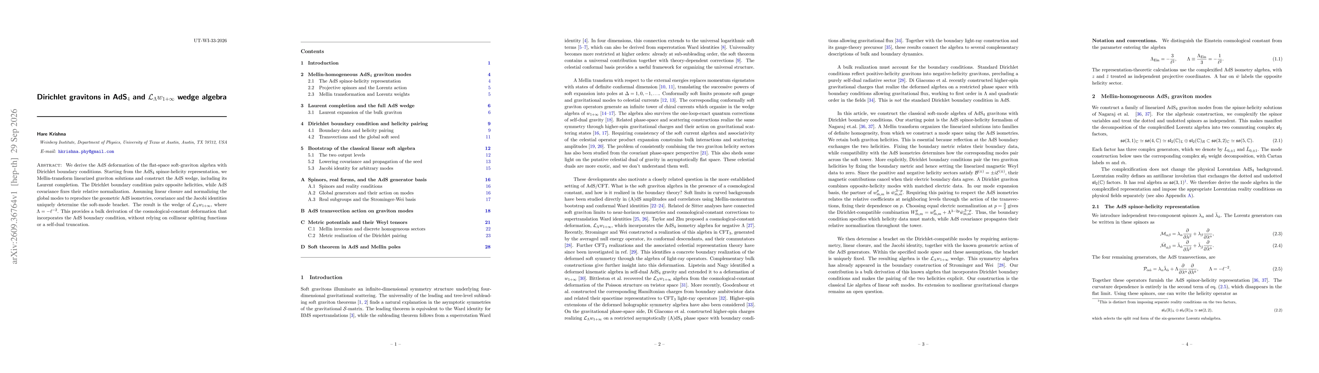 Thumbnail for Dirichlet gravitons in AdS$_4$ and $\mathcal{L}_Λw_{1+\infty}$ wedge algebra