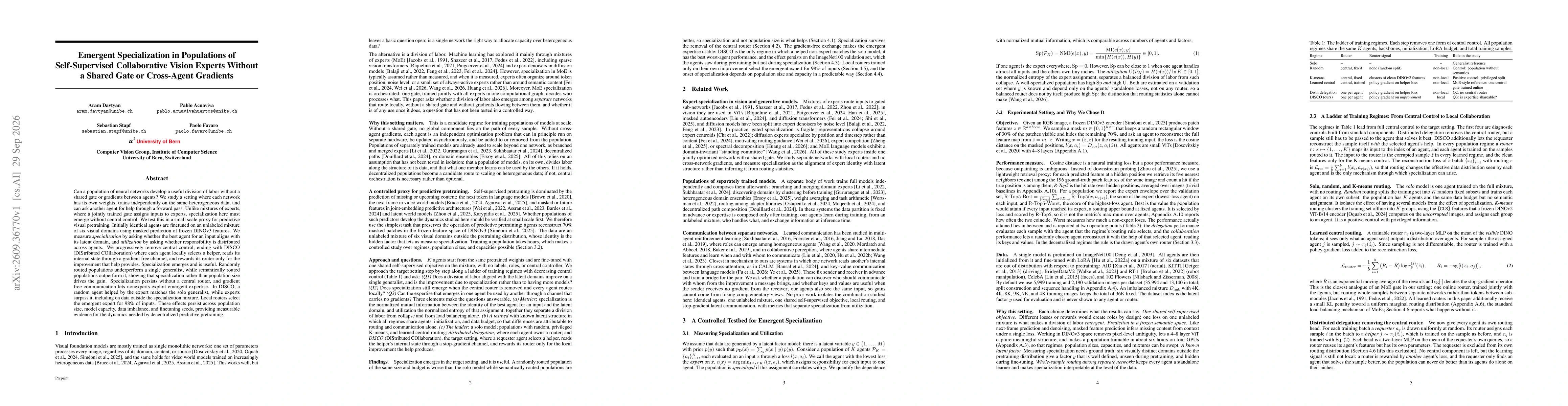 Thumbnail for Emergent Specialization in Populations of Self-Supervised Collaborative Vision Experts Without a Shared Gate or Cross-Agent Gradients