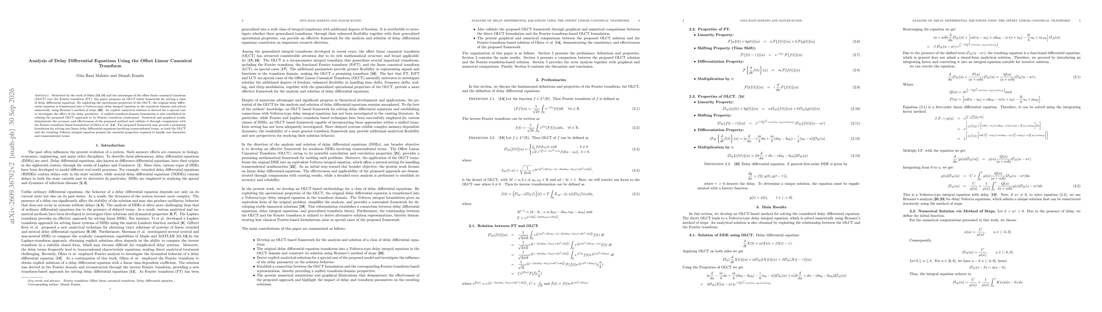 Thumbnail for Analysis of Delay Differential Equations Using the Offset Linear Canonical Transform