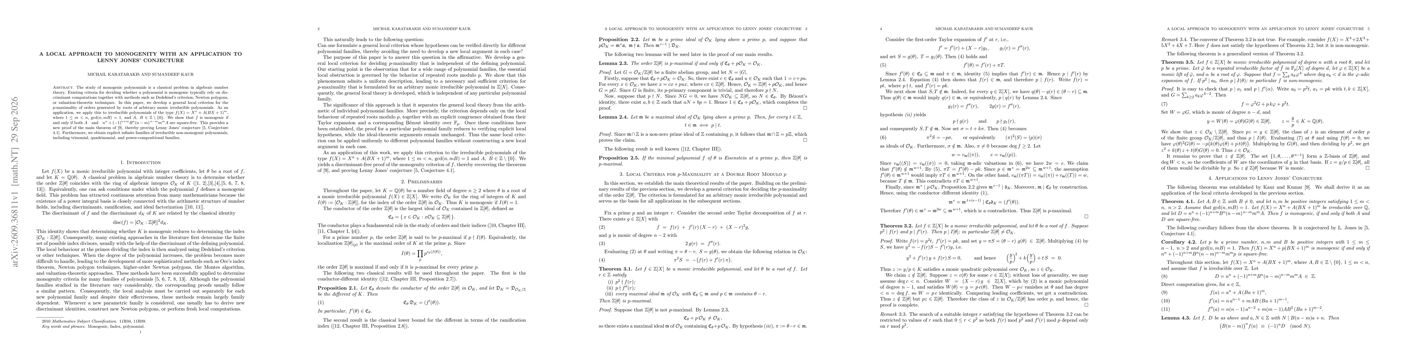 Thumbnail for A Local Approach to Monogenity with an Application to Lenny Jones' Conjecture