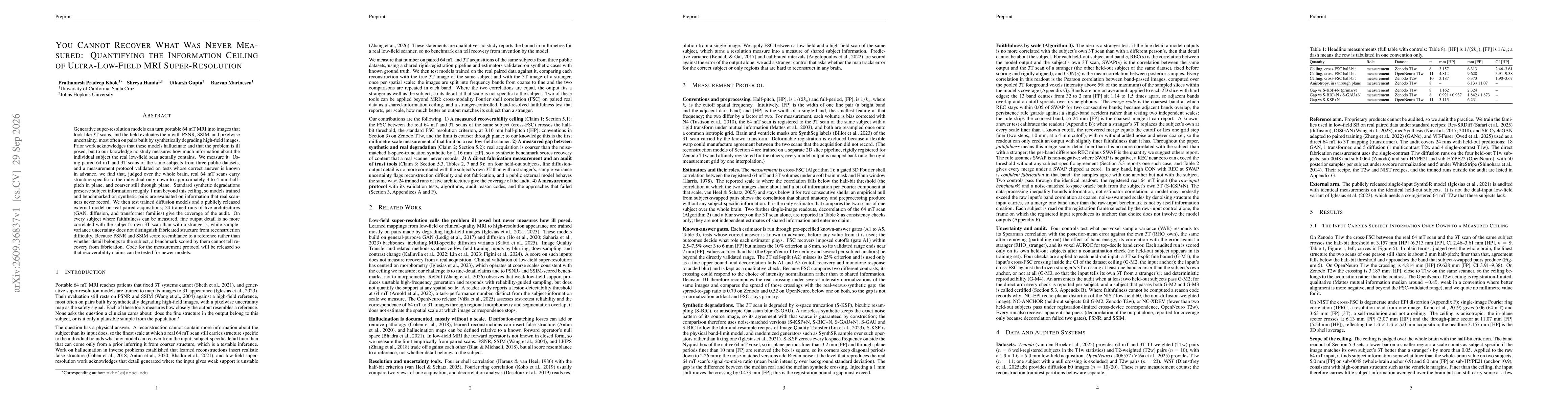 Thumbnail for You Cannot Recover What Was Never Measured: Quantifying the Information Ceiling of Ultra-Low-Field MRI Super-Resolution