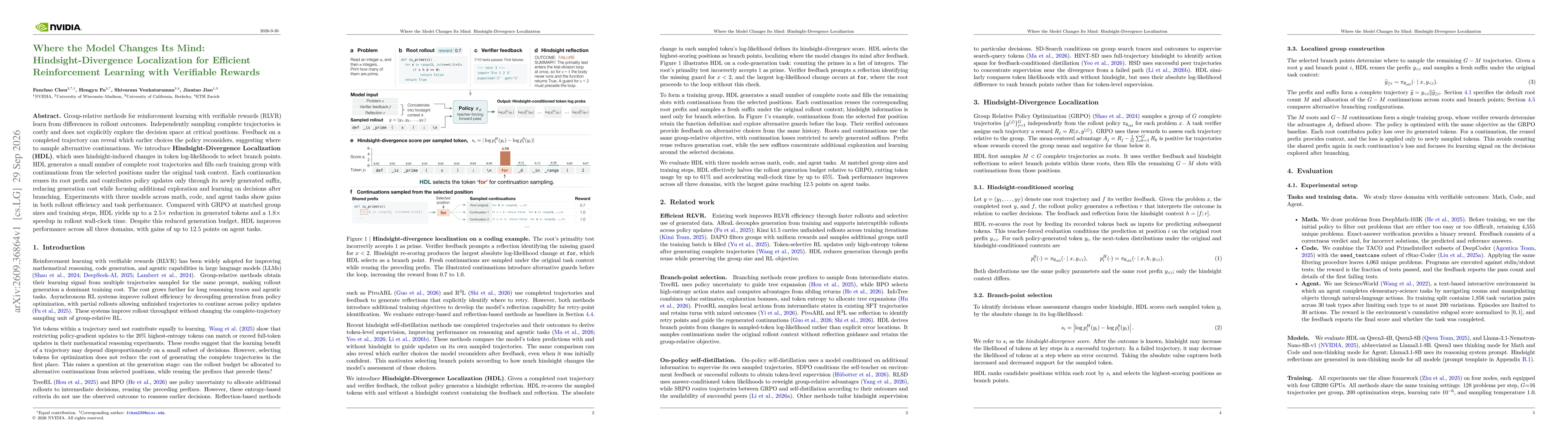 Thumbnail for Where the Model Changes Its Mind: Hindsight-Divergence Localization for Efficient Reinforcement Learning with Verifiable Rewards