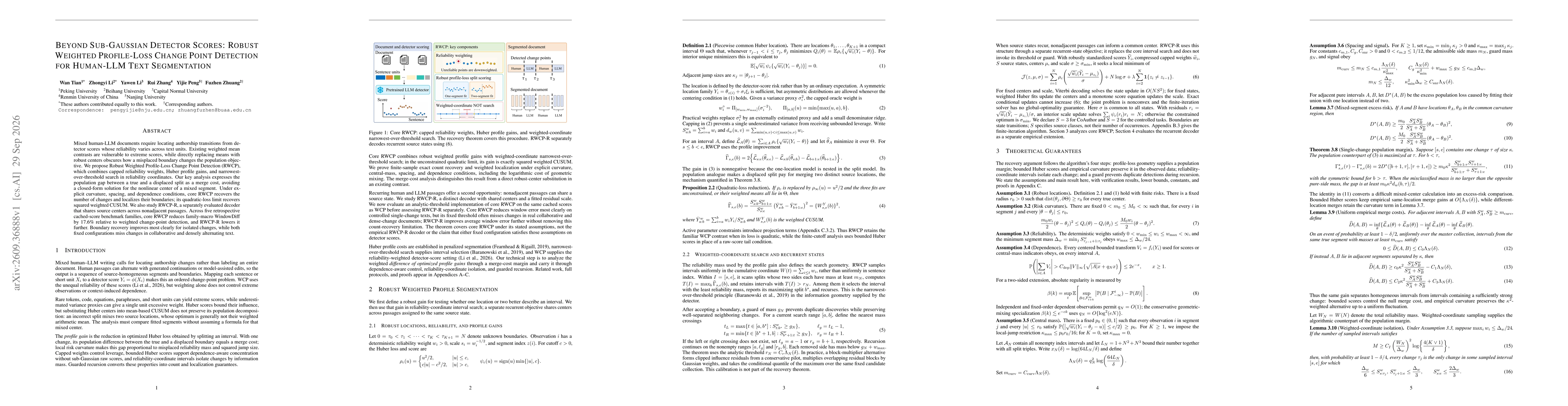 Thumbnail for Beyond Sub-Gaussian Detector Scores: Robust Weighted Profile-Loss Change Point Detection for Human-LLM Text Segmentation