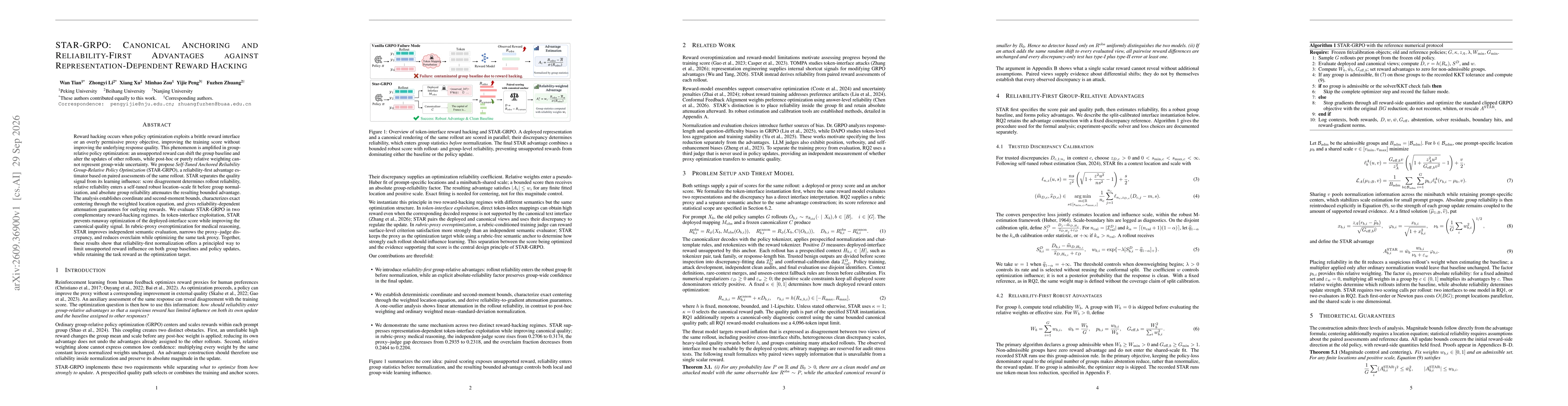 Thumbnail for STAR-GRPO: Canonical Anchoring and Reliability-First Advantages against Representation-Dependent Reward Hacking