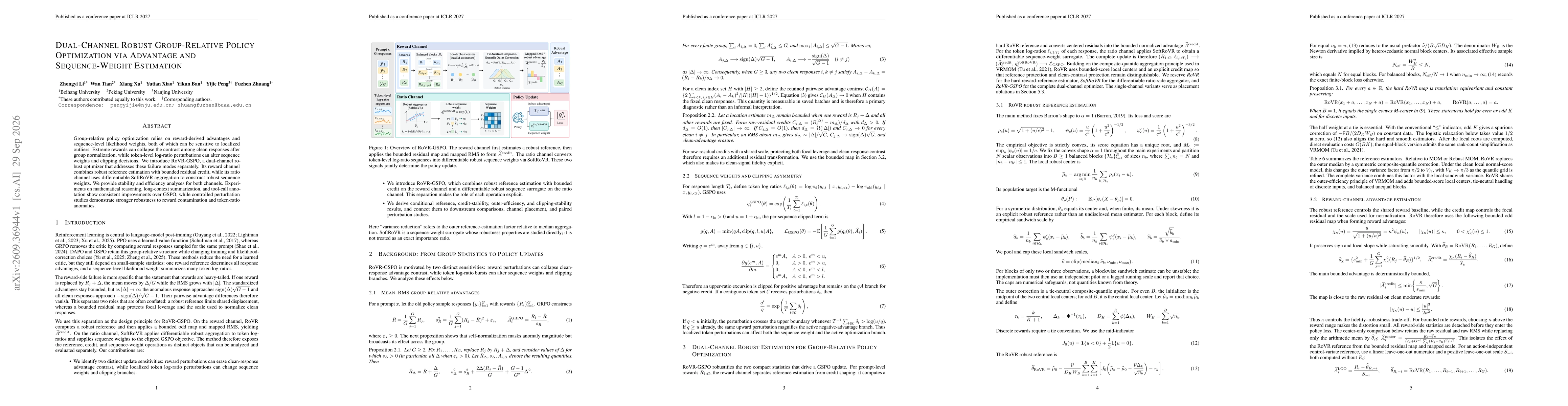 Thumbnail for Dual-Channel Robust Group-Relative Policy Optimization via Advantage and Sequence-Weight Estimation