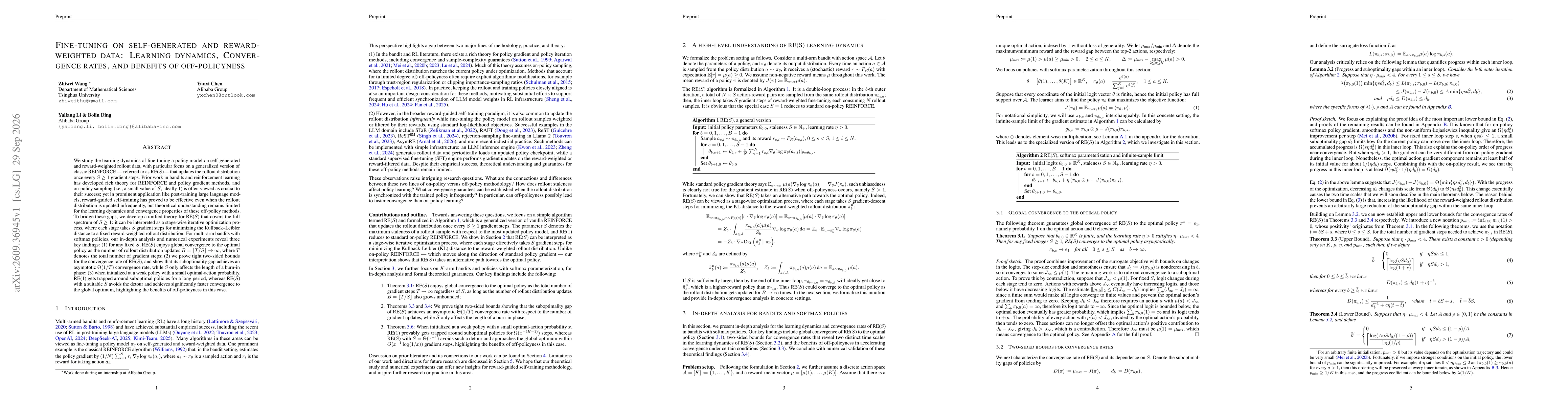 Thumbnail for Fine-Tuning on Self-Generated and Reward-Weighted Data: Learning Dynamics, Convergence Rates, and Benefits of Off-Policyness