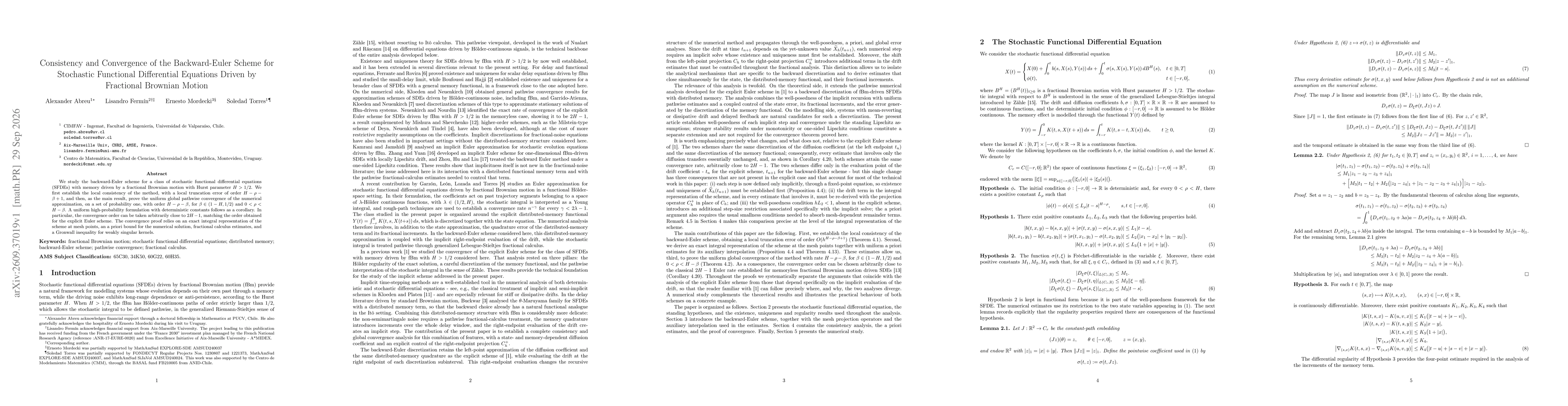 Thumbnail for Consistency and Convergence of the Backward-Euler Scheme for Stochastic Functional Differential Equations Driven by Fractional Brownian Motion