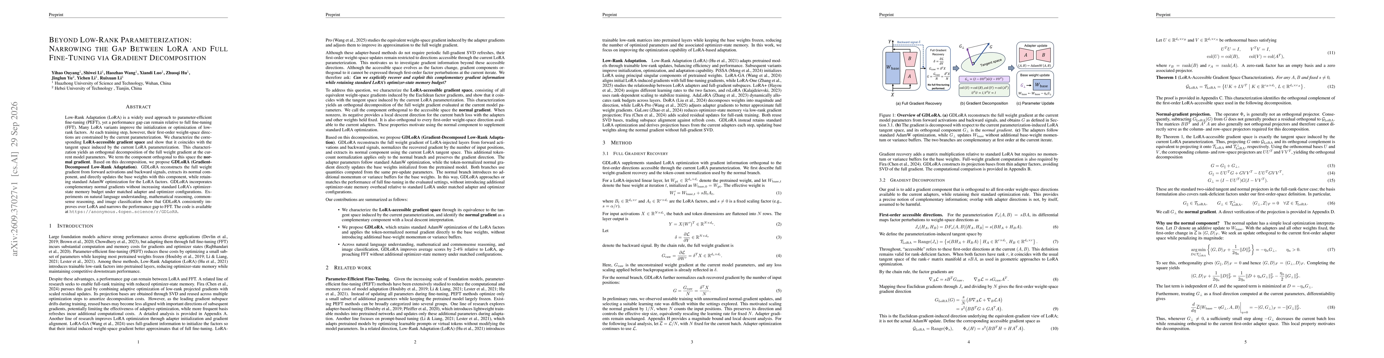 Thumbnail for Beyond Low-Rank Parameterization: Narrowing the Gap Between LoRA and Full Fine-Tuning via Gradient Decomposition
