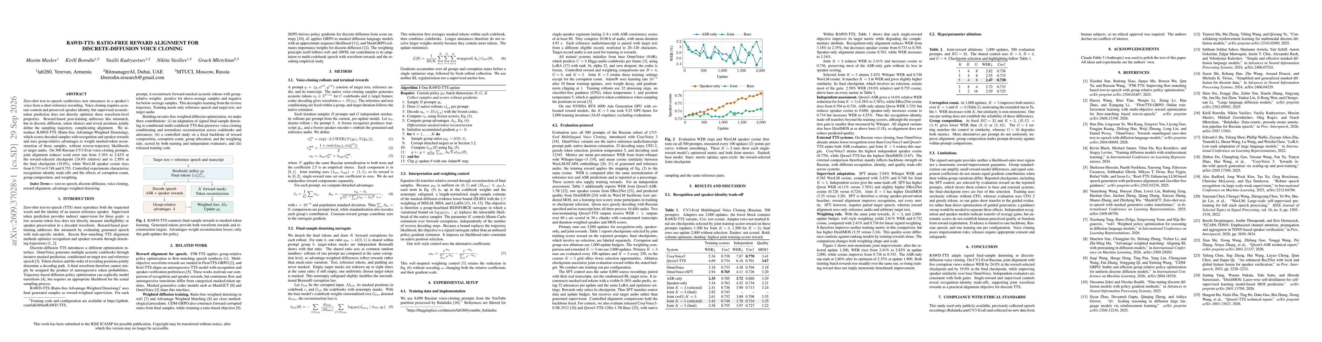 Thumbnail for RAWD-TTS: Ratio-Free Reward Alignment for Discrete-Diffusion Voice Cloning