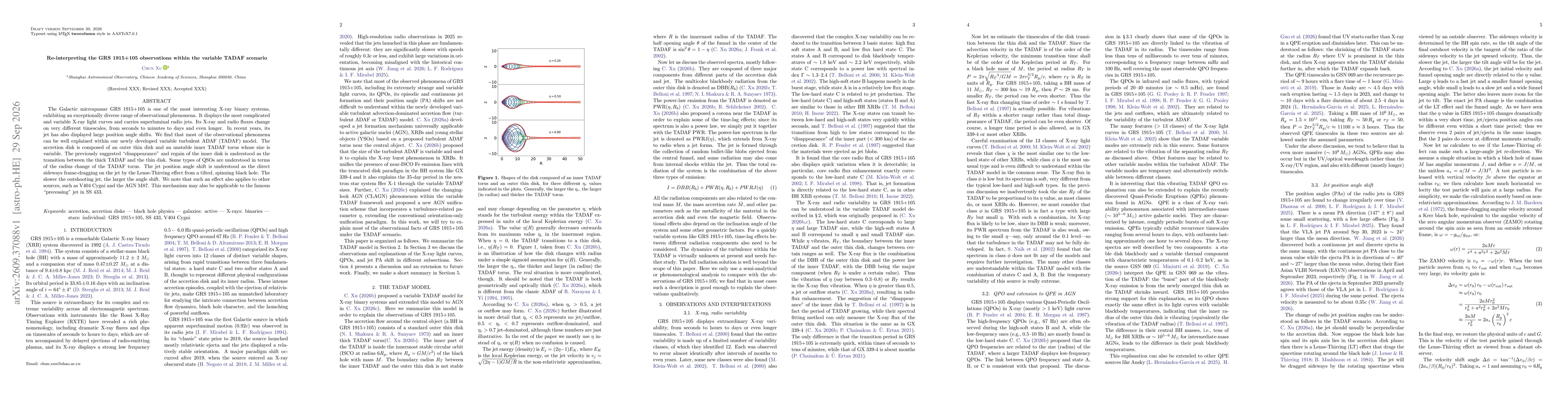 Thumbnail for Re-interpreting the GRS 1915+105 observations within the variable TADAF scenario