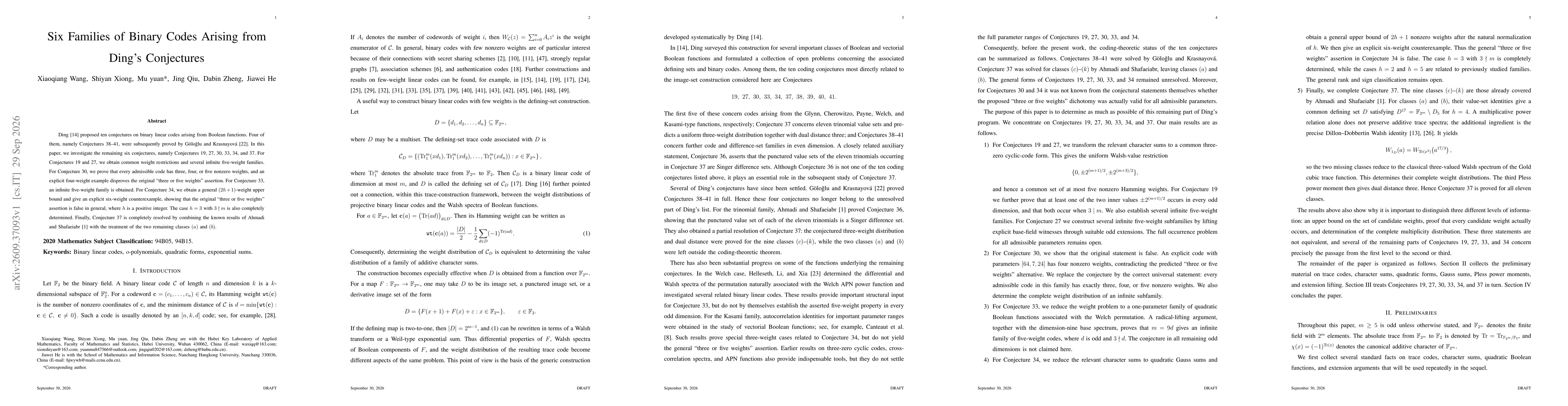 Thumbnail for Six Families of Binary Codes Arising from Ding's Conjectures