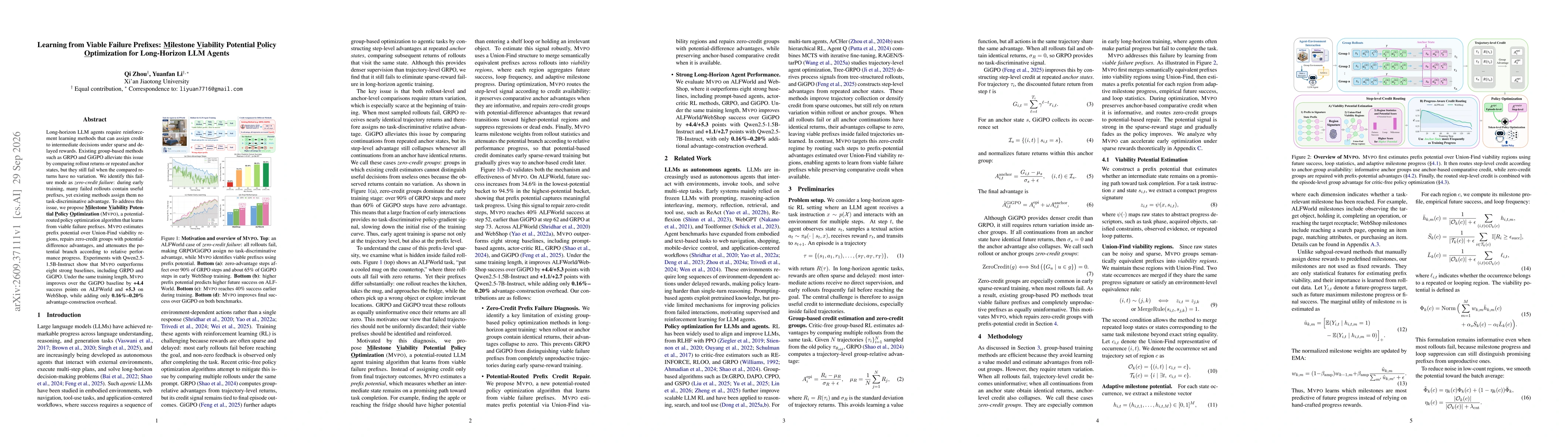 Thumbnail for Learning from Viable Failure Prefixes: Milestone Viability Potential Policy Optimization for Long-Horizon LLM Agents