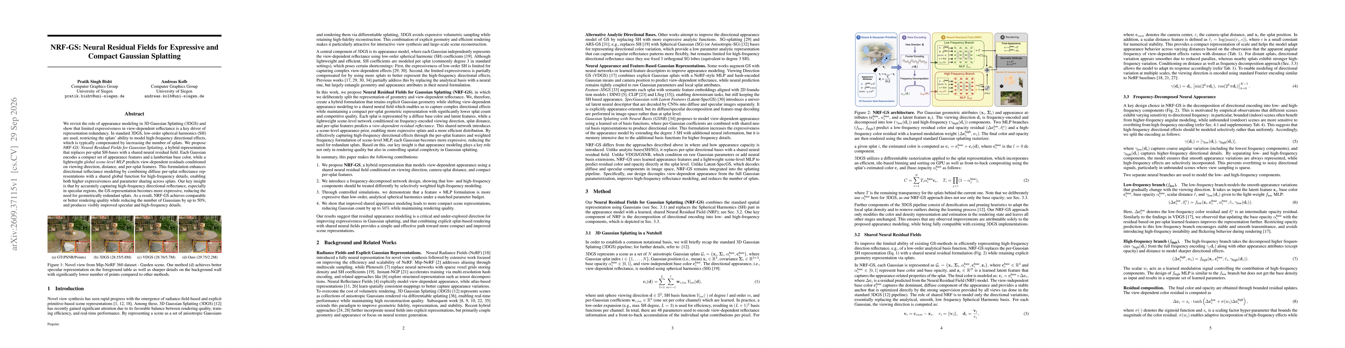 Thumbnail for NRF-GS: Neural Residual Fields for Expressive and Compact Gaussian Splatting
