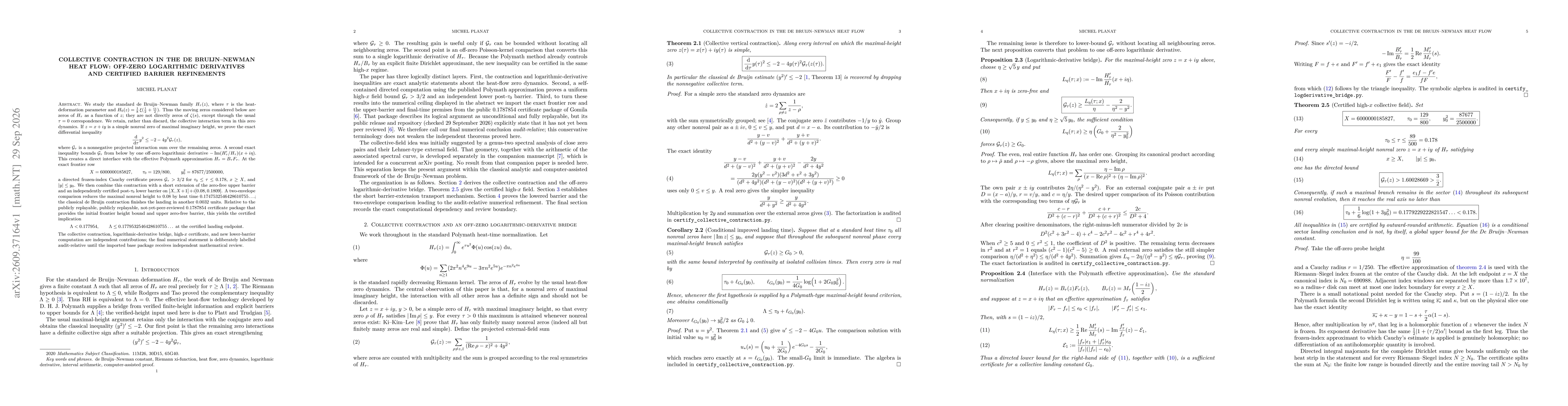 Thumbnail for Collective Contraction in the de Bruijn--Newman Heat Flow: Off-Zero Logarithmic Derivatives and Certified Barrier Refinements