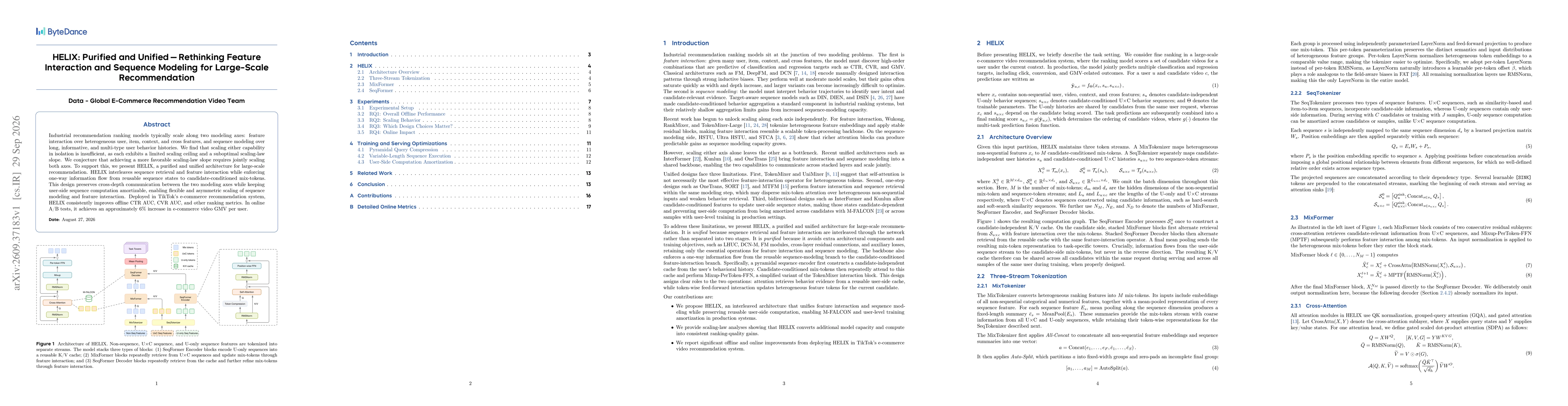 Thumbnail for HELIX: Purified and Unified - Rethinking Feature Interaction and Sequence Modeling for Large-Scale Recommendation