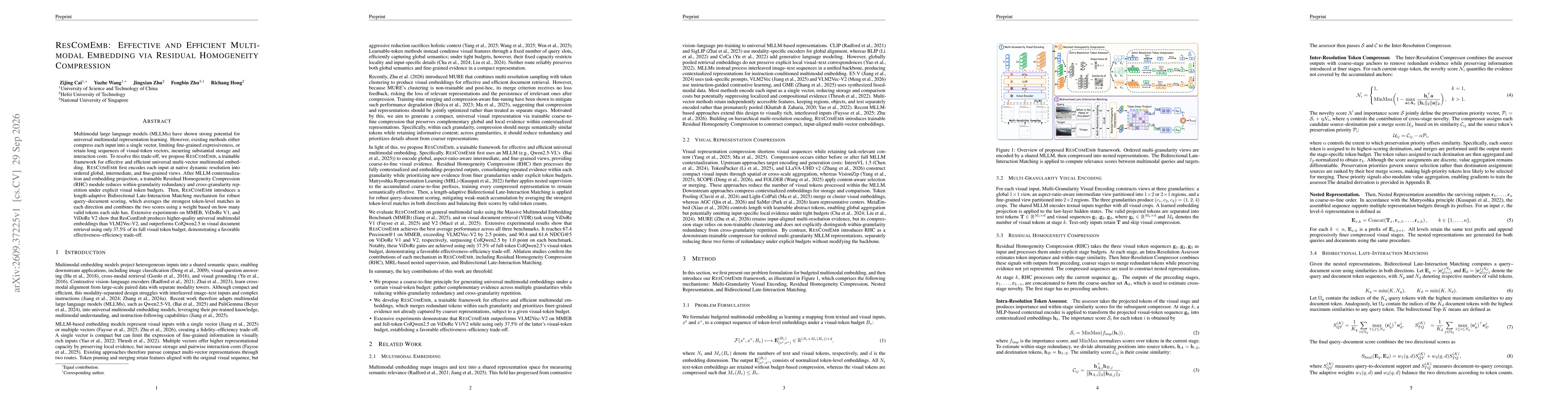Thumbnail for ResComEmb: Effective and Efficient Multimodal Embedding via Residual Homogeneity Compression