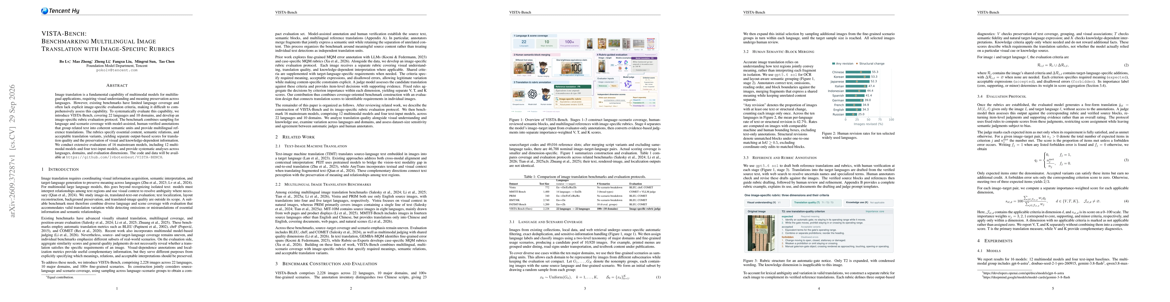 Thumbnail for VISTA-Bench: Benchmarking Multilingual Image Translation with Image-Specific Rubrics