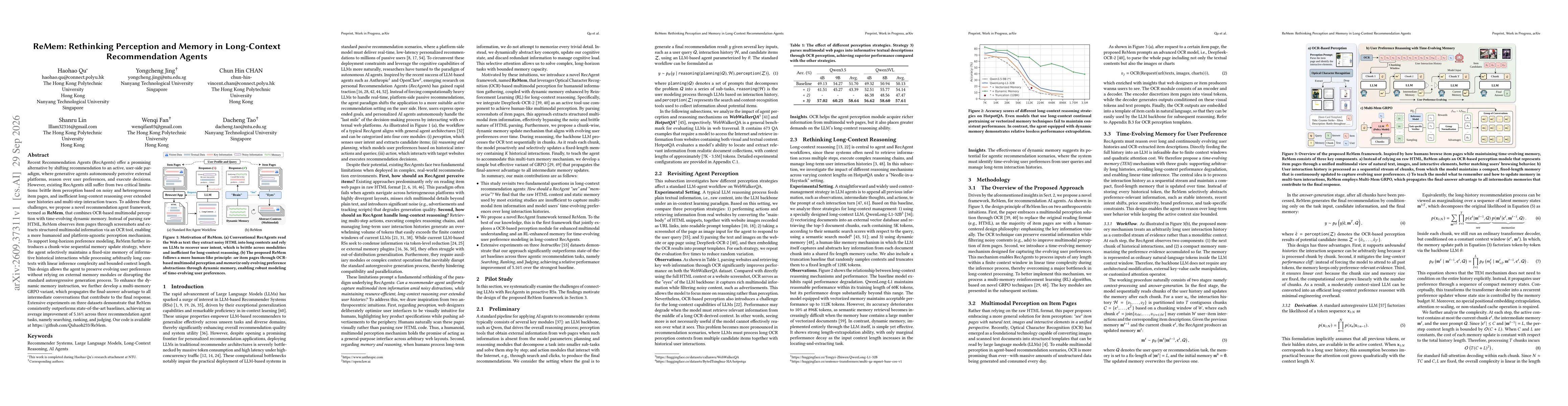 Thumbnail for ReMem: Rethinking Perception and Memory in Long-Context Recommendation Agents