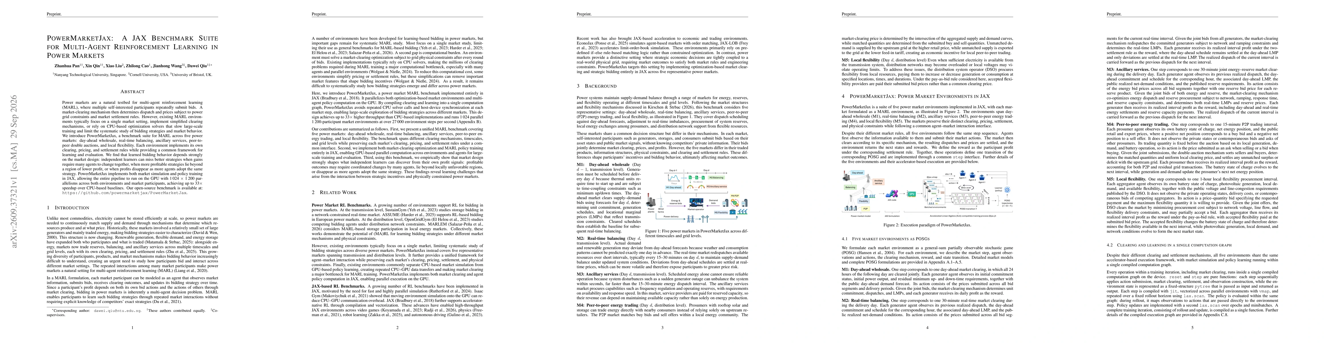 Thumbnail for PowerMarketJax: A JAX Benchmark Suite for Multi-Agent Reinforcement Learning in Power Markets