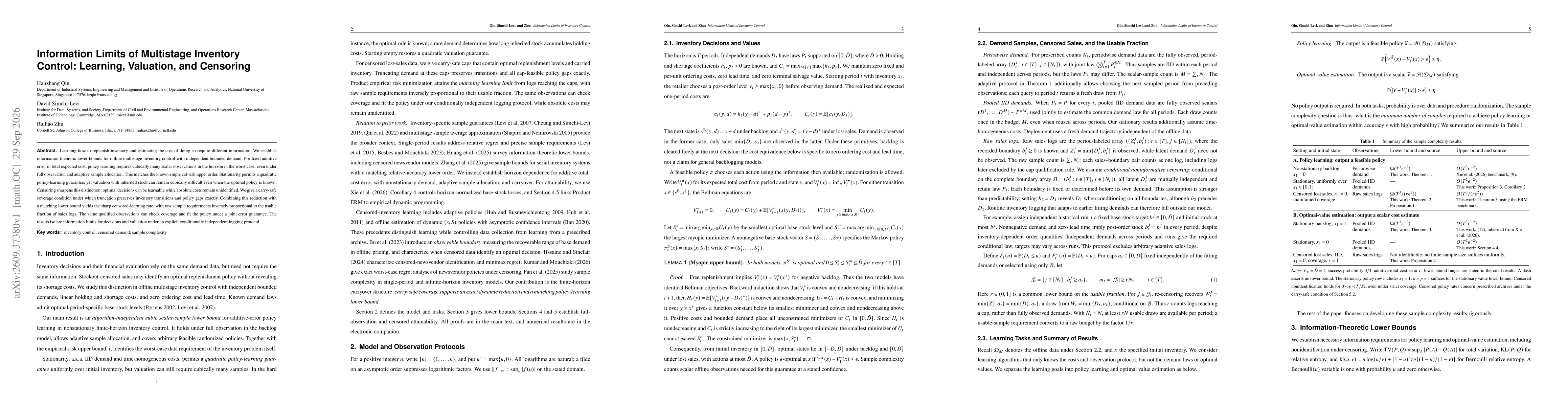 Thumbnail for Information Limits of Multistage Inventory Control: Learning, Valuation, and Censoring
