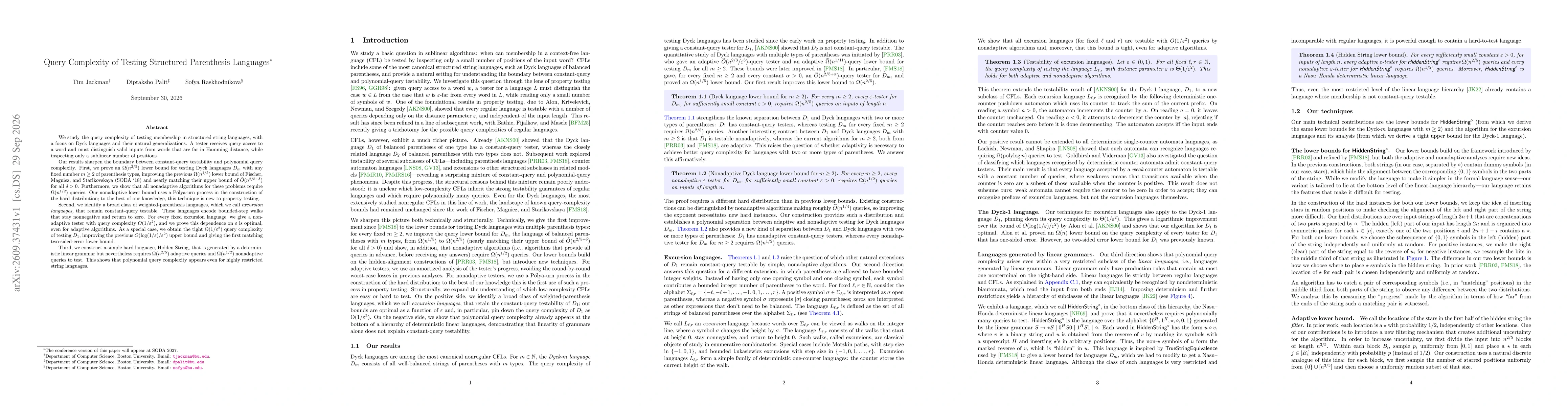 Thumbnail for Query Complexity of Testing Structured Parenthesis Languages