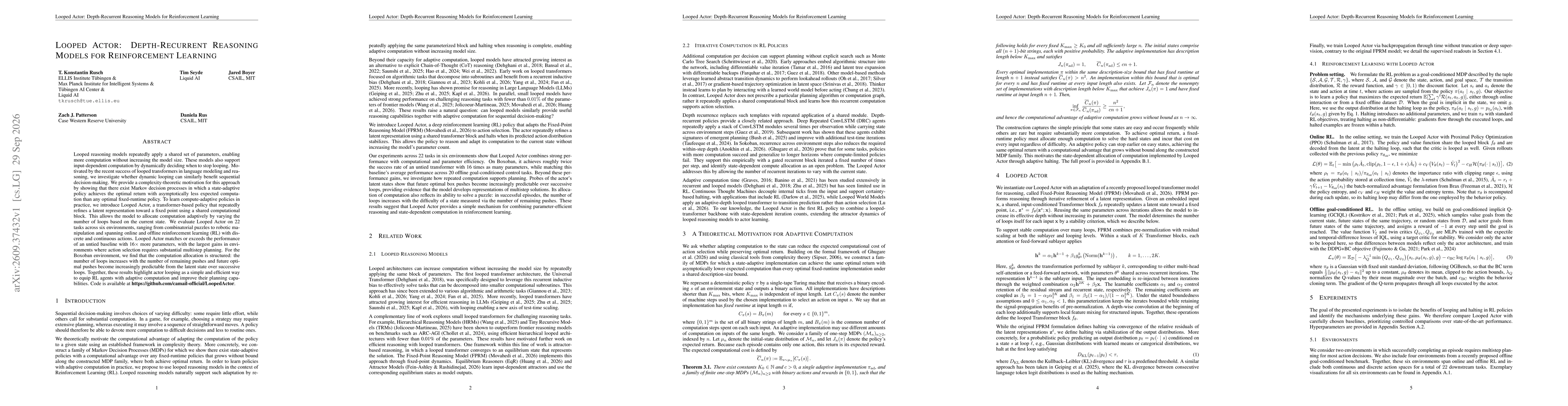 Thumbnail for Looped Actor: Depth-Recurrent Reasoning Models for Reinforcement Learning