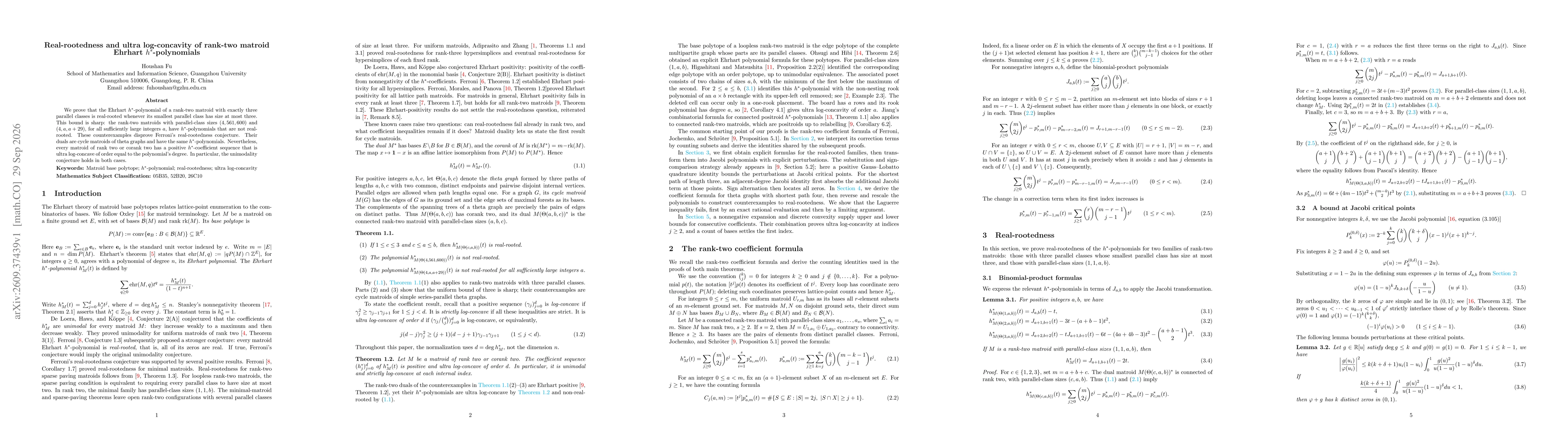 Thumbnail for Real-rootedness and ultra log-concavity of rank-two matroid Ehrhart $h^*$-polynomials