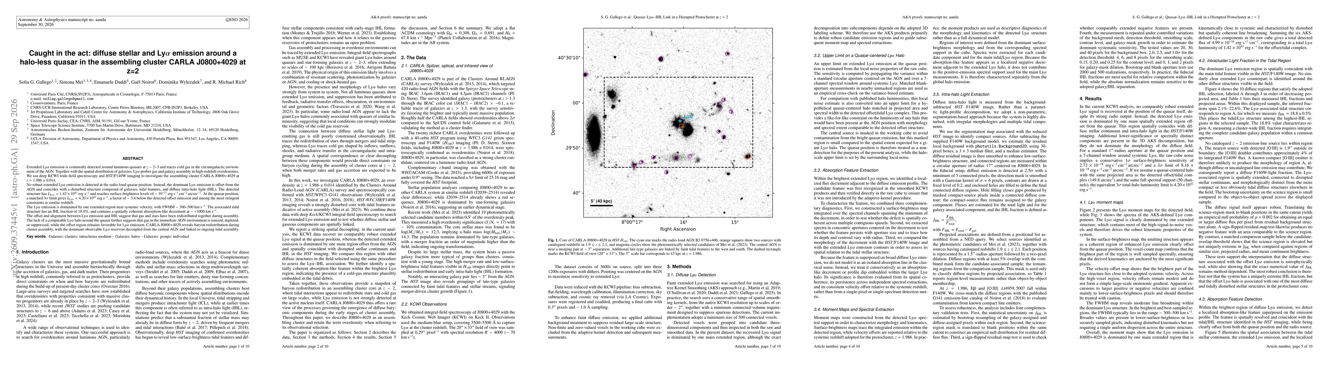 Thumbnail for Caught in the act: diffuse stellar and Ly$α$ emission around a halo-less quasar in the assembling cluster CARLA J0800+4029 at z=2