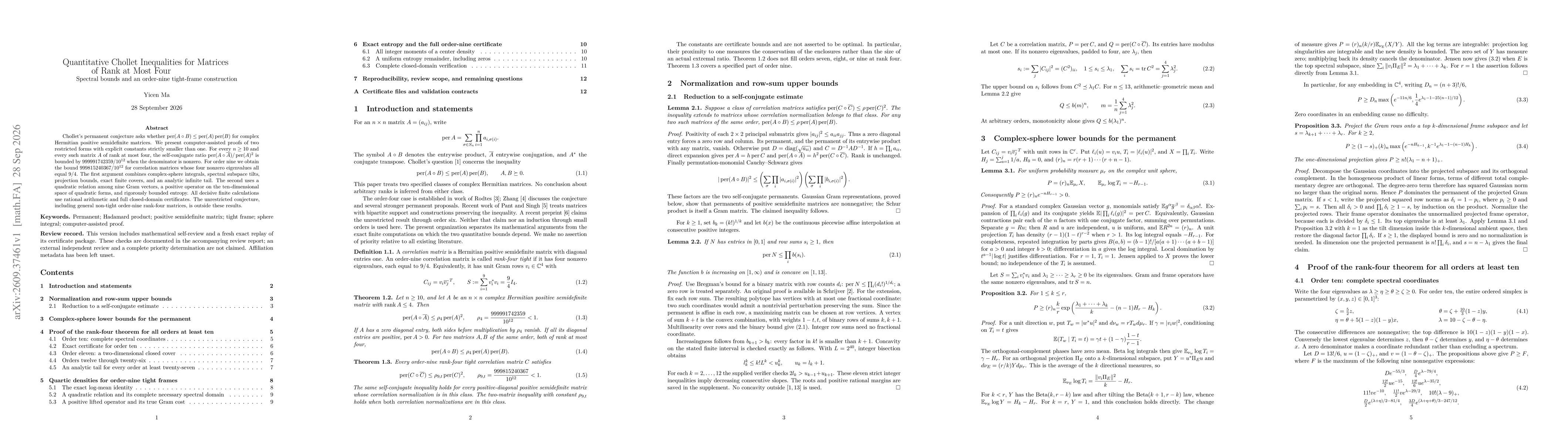 Thumbnail for Quantitative Chollet Inequalities for Matrices of Rank at Most Four: Spectral bounds and an order-nine tight-frame construction