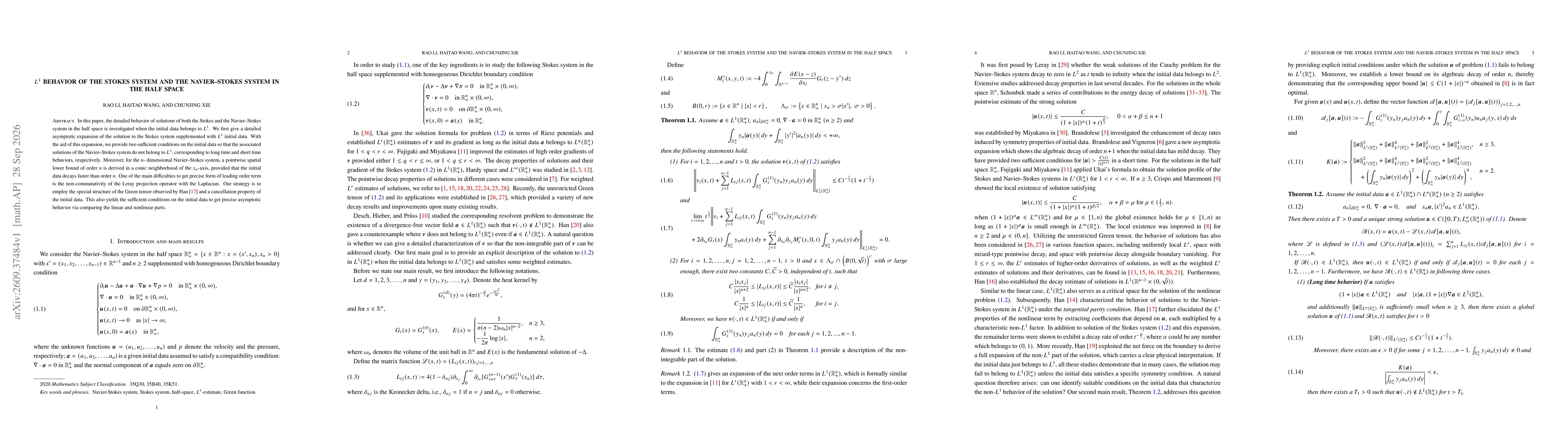 Thumbnail for $L^1$ Behavior of the Stokes System and the Navier--Stokes System in the Half Space