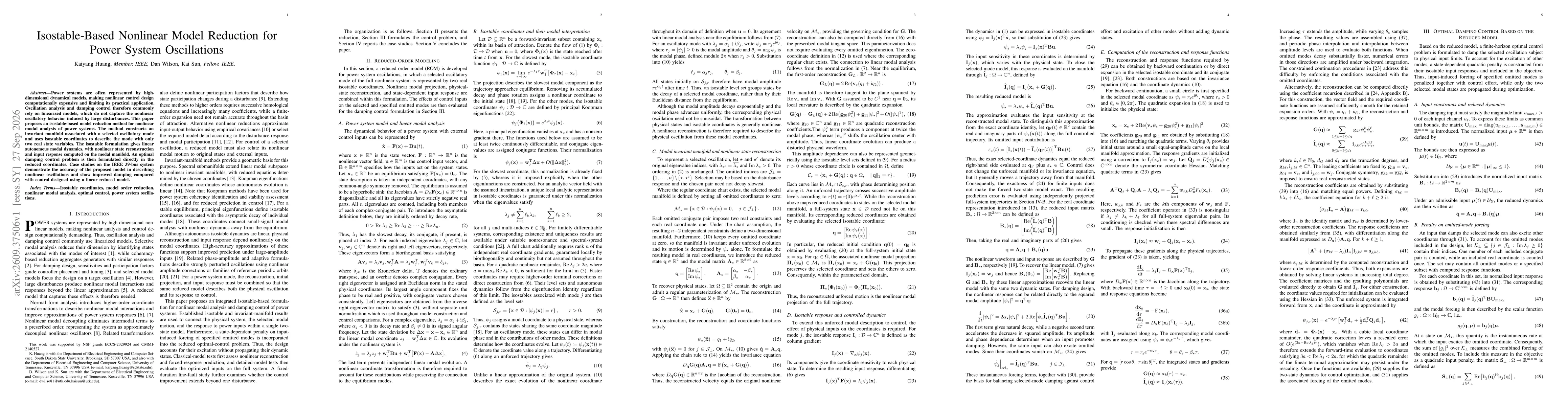 Thumbnail for Isostable-Based Nonlinear Model Reduction for Power System Oscillations