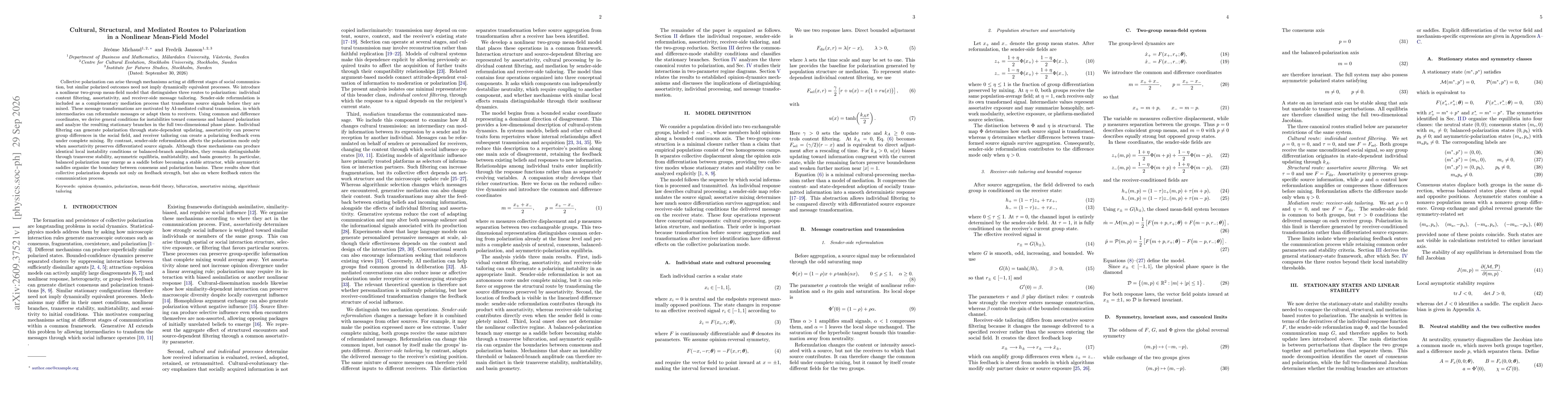 Thumbnail for Cultural, Structural, and Mediated Routes to Polarization in a Nonlinear Mean-Field Model