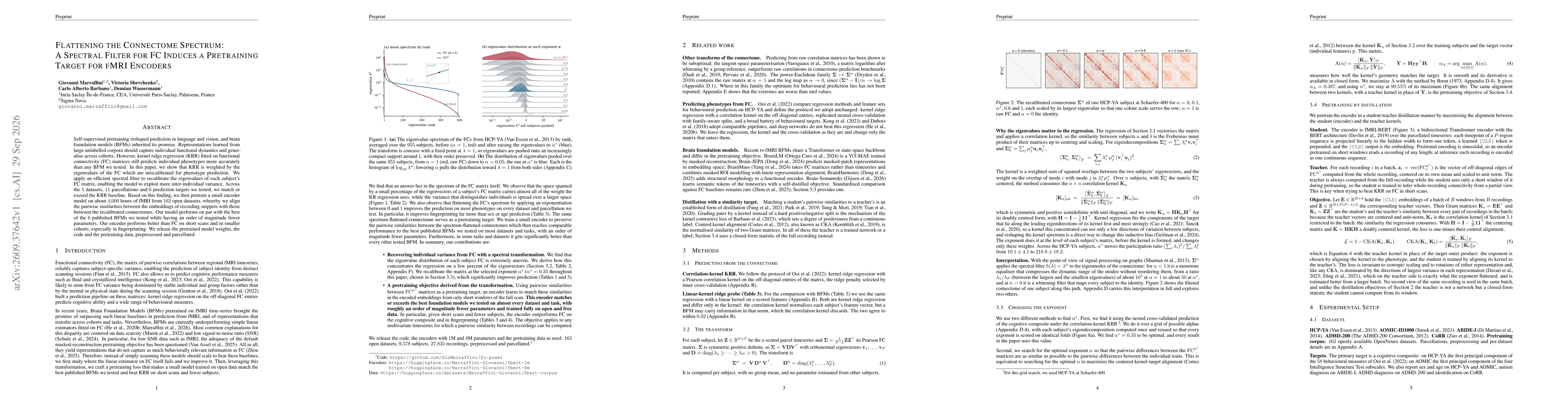 Thumbnail for Flattening the Connectome Spectrum: A Spectral Filter for FC Induces a Pretraining Target for fMRI Encoders
