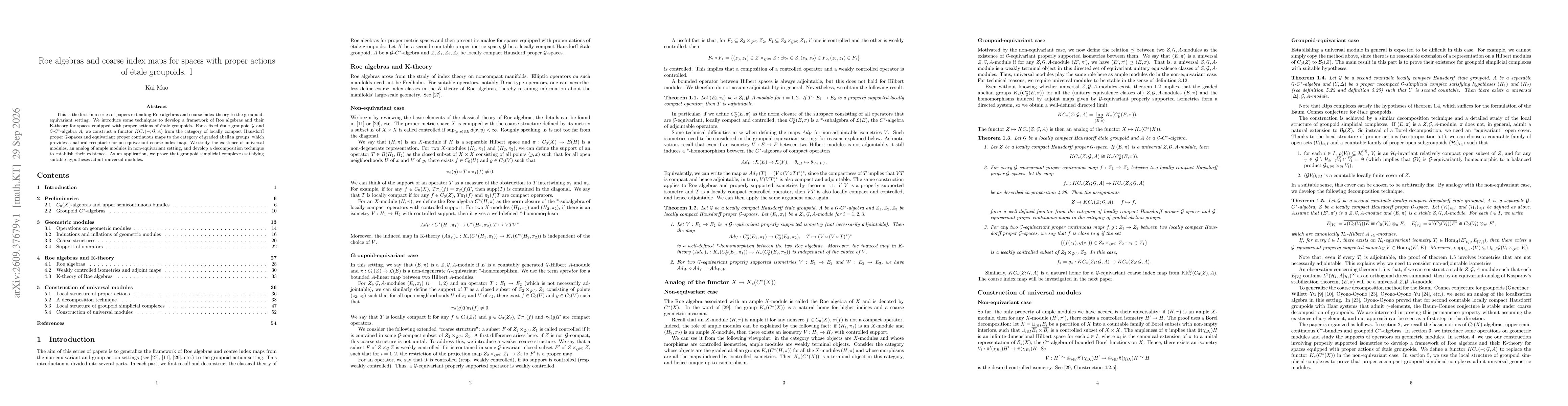Thumbnail for Roe algebras and coarse index maps for spaces with proper actions of {é}tale groupoids. I