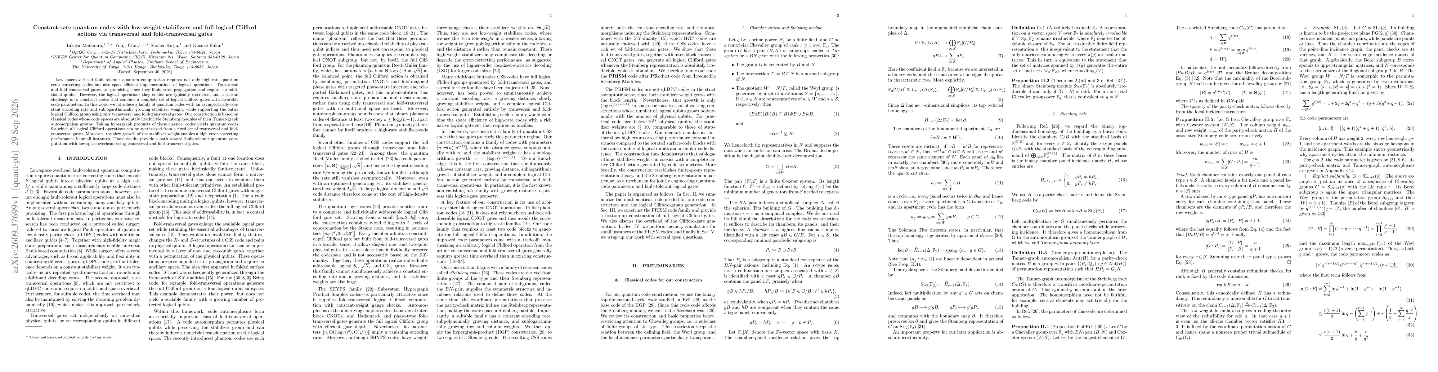 Thumbnail for Constant-rate quantum codes with low-weight stabilizers and full logical Clifford actions via transversal and fold-transversal gates