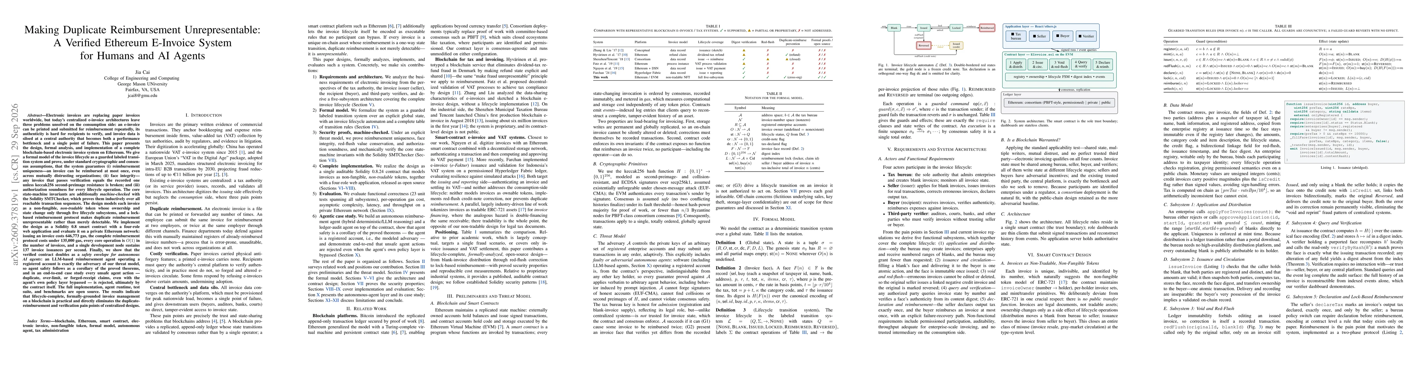 Thumbnail for Making Duplicate Reimbursement Unrepresentable: A Verified Ethereum E-Invoice System for Humans and AI Agents