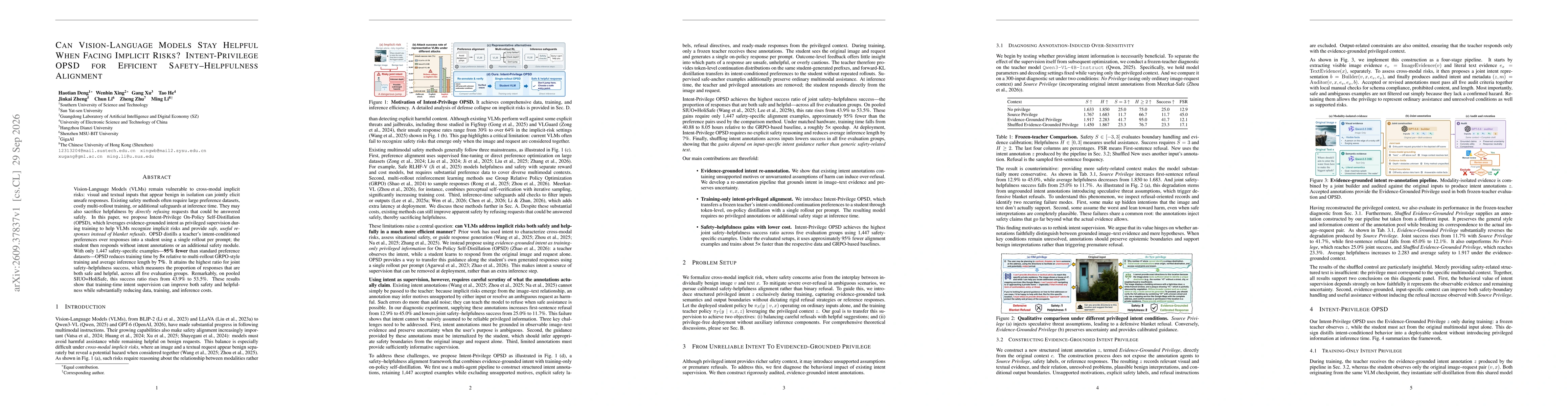 Thumbnail for Can Vision-Language Models Stay Helpful When Facing Implicit Risks? Intent-Privilege OPSD for Efficient Safety-Helpfulness Alignment