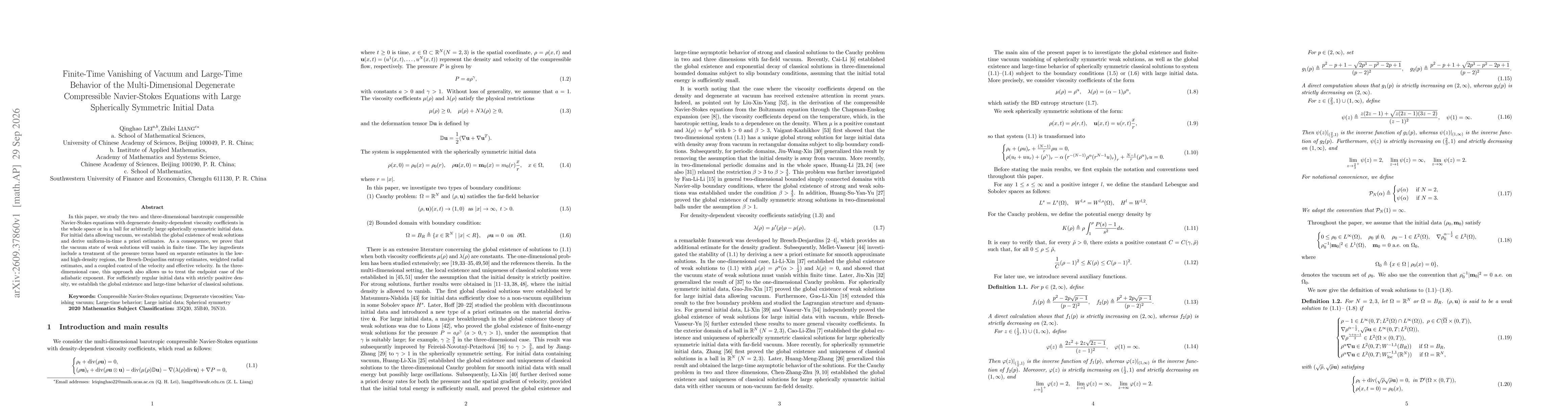 Thumbnail for Finite-Time Vanishing of Vacuum and Large-Time Behavior of the Multi-Dimensional Degenerate Compressible Navier-Stokes Equations with Large Spherically Symmetric Initial Data