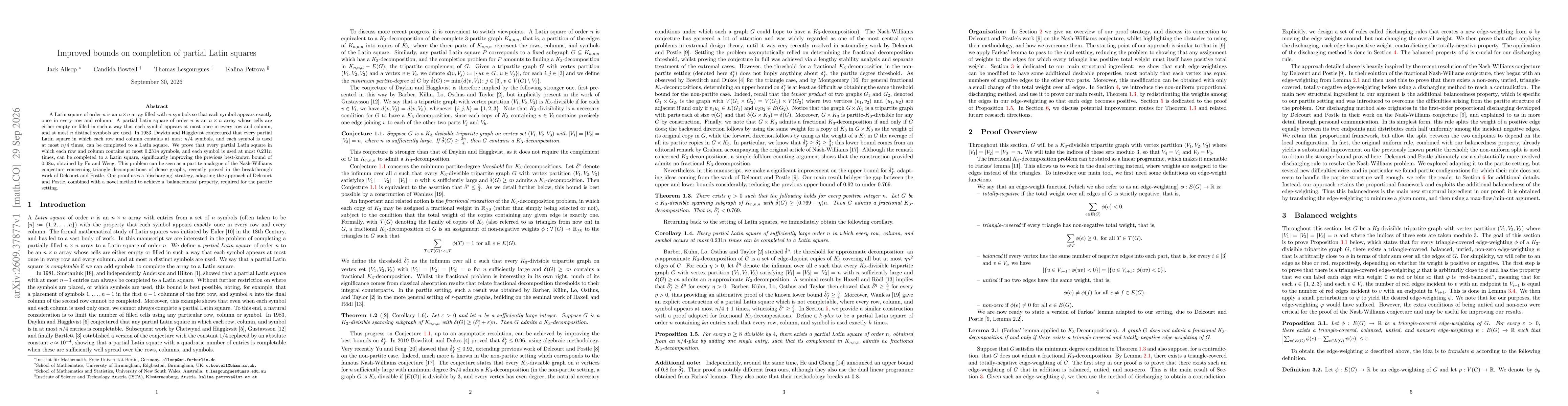 Thumbnail for Improved bounds on completion of partial Latin squares