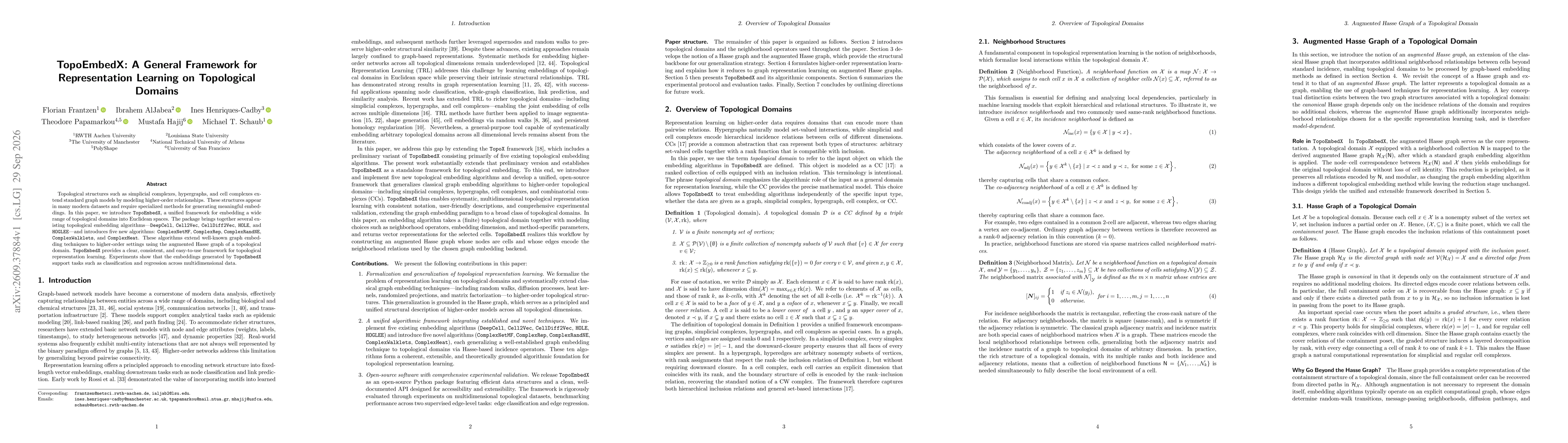 Thumbnail for TopoEmbedX: A General Framework for Representation Learning on Topological Domains