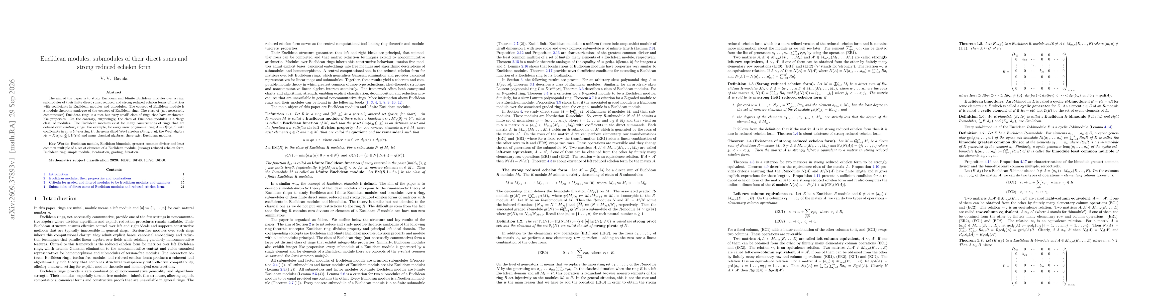 Thumbnail for Euclidean modules, submodules of their direct sums and strong reduced echelon form
